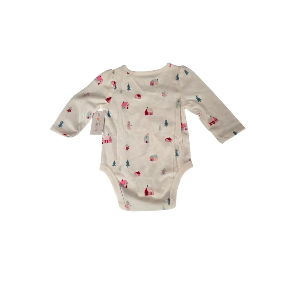 NWT Baby Girl Holiday Shirred Long Sleeve Bodysuit Size 0-3 Months - Beige - Picture 2 of 6